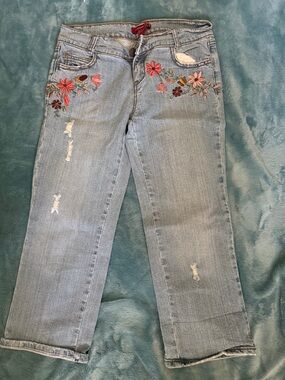 Light Wash Boyfriend Jeans with Pink & Red Floral Embroidery